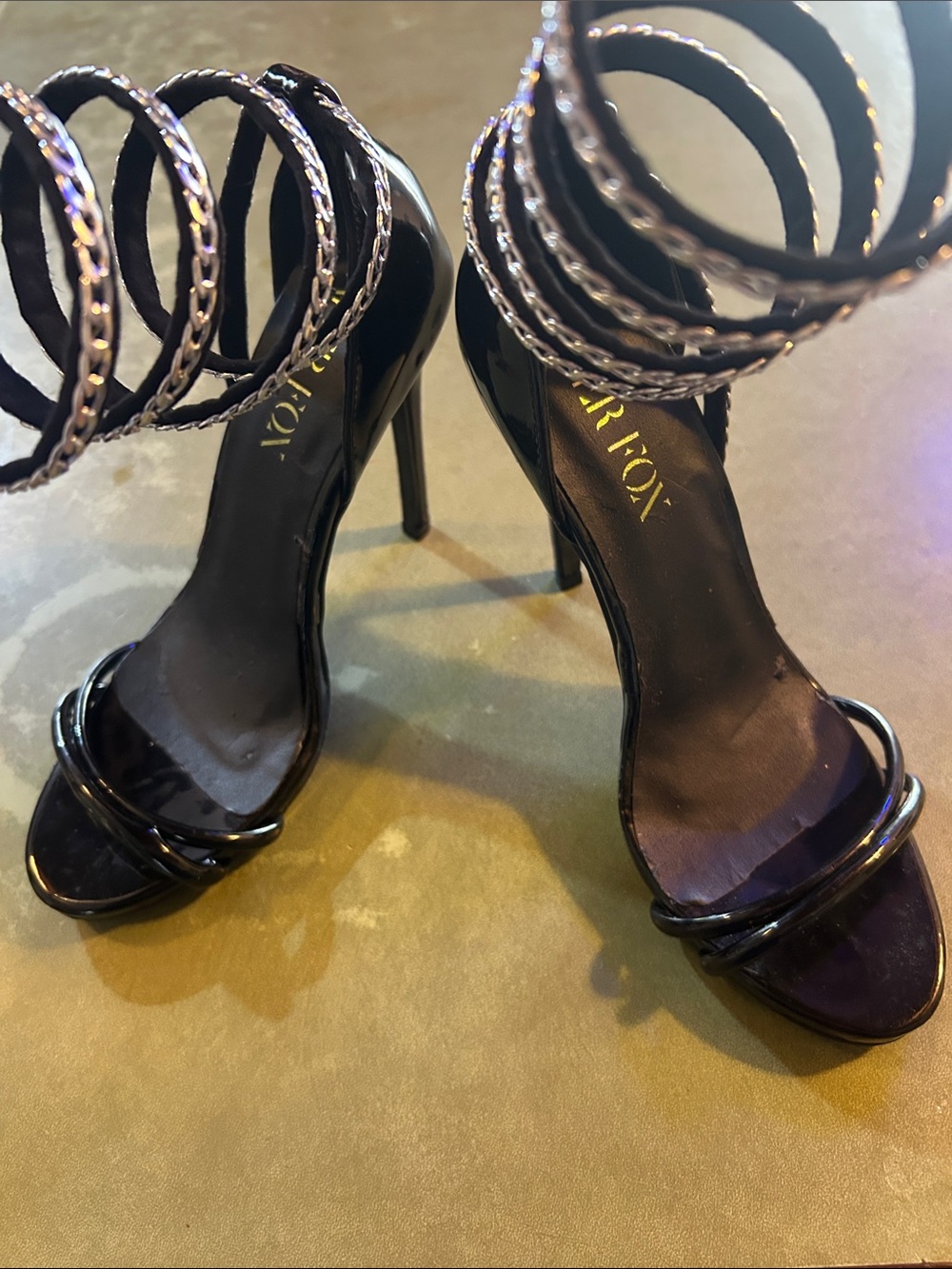 Paper Fox Black Patent Stiletto Sandals with Silver-Trim Ankle Wraps